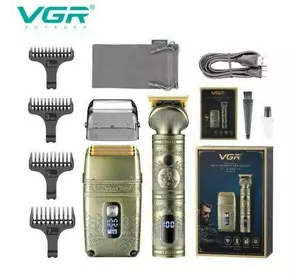 Чоловічий набір VGR V-649, машинка для стрижки + бритва шейвер, Professional, 4 насадки, LED display, IPX6