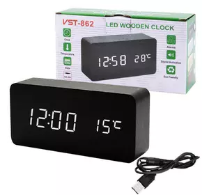 Годинник мережевий VST-862-6 білий, (корпус чорний) температура, USB