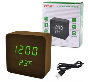 Годинник мережевий VST-872-4, зелений, (корпус коричневий) температура, USB